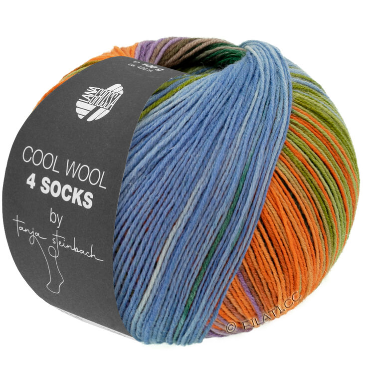 Lana Grossa Cool wool 4 Socks Print II | 7791-чёрно-зелёный/бежевый/пурпурный/оранжевый/жёлто-зелёный/фиалково-синий