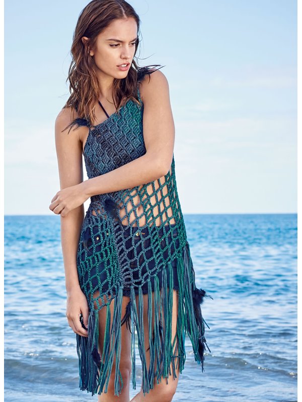 Lana Grossa ТОП, СВЯЗАННЫЙ КРЮЧКОМ, С КИСТЯМИ И ДЕКОРАТИВНЫМИ ПЕРЬЯМИ Cashsilk Degradé